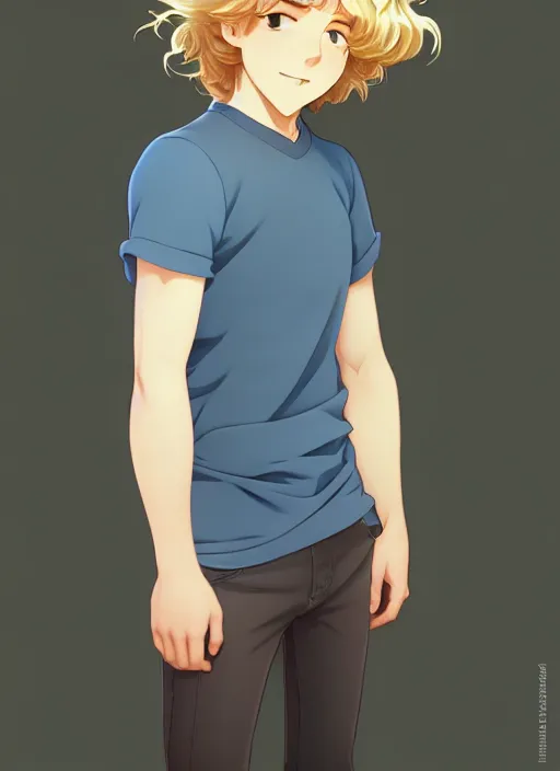 Prompt: young man with medium - length, curly, golden hair, perfectly proportioned face, aquamarine eyes, sweet smile, natural lighting, path traced, highly detailed, high quality, cartoon, digital painting, by new haicheng and studio ghibli and alphonse mucha