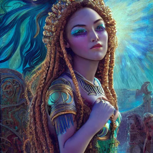 Image similar to artstation, intricate details, hyper details, by gaston bussiere and sandro botticelli, tan skin sumerian mystic lady of elche, egyptian sumerian features, techno mystic princess intergalactica, with aqua neon rapunzel dreadlocks,