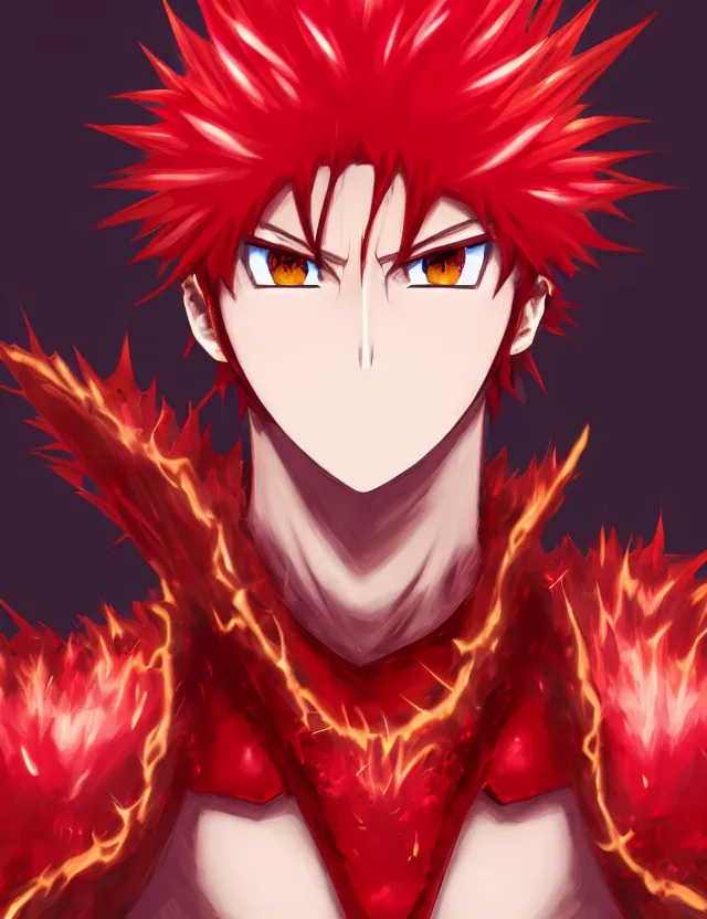 Image similar to a detailed manga portrait of an attractive tall boy with spiked crimson hair and a menacing smile in fiery crimson crystalline armour, trending on artstation, digital art, 4 k resolution, detailed, high quality, sharp focus, hq artwork, coherent, insane detail, character portrait