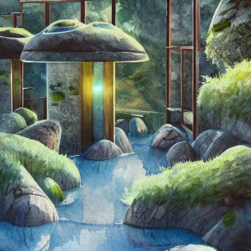 Image similar to beautiful happy picturesque charming sci - fi organic pod - like homes of the future in a beautiful natural scene. water, trees and rocks. beautiful light. soft colour scheme. beautiful artistic detailed watercolor by lurid. ( 2 0 2 2 )