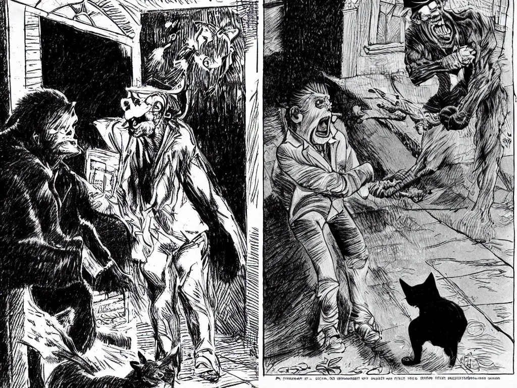 Prompt: Justin Trudeau getting scared by a stray cat, terrified, spooked, trick or treat, drawn by bernie wrightson