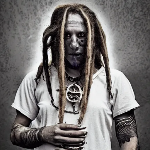 Image similar to a horror shaman with dreadlocks in sacrament of death