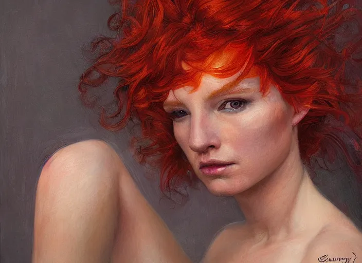 Image similar to a highly detailed beautiful portrait of woman with flaming fiery hair, james gurney, james jean