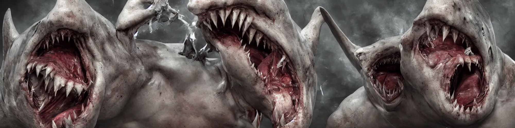 Image similar to A human with shark head made of muscles and flesh, very angry, teeth, ambient light, terror, glows, realistic, photo-realism, hyper realism, picture, detailed, 3D render, scary, distant shot, in the distance,