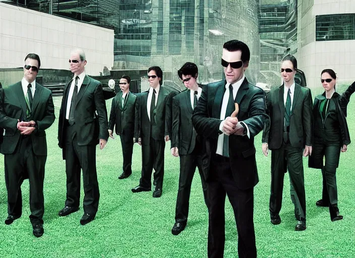 Image similar to tommy tallarico dressed as agent smith from the matrix surrounded by multiple versions of himself with green tint matrix filter