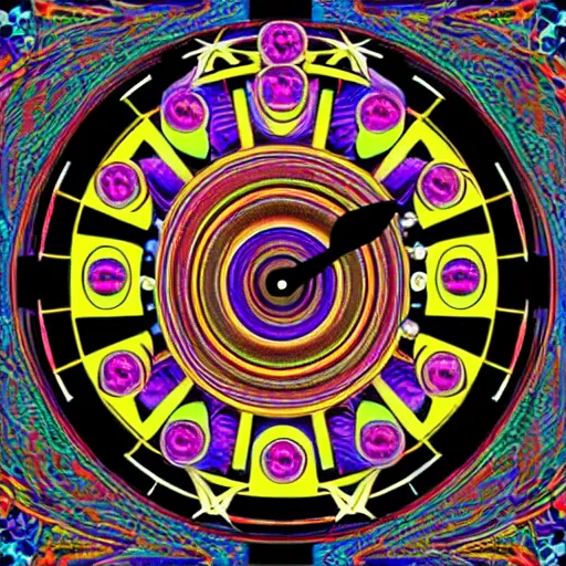 Prompt: trippy face album cover clocks