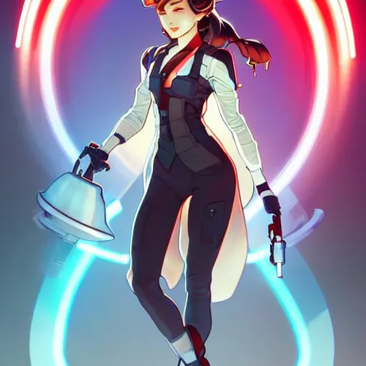 Image similar to a full body character design by artgerm, cushart krenz, ross tran, alphonse mucha. cute mad scientist girl!! shoulder mounted canon gun bazooka!! futuristic lab coat!! bold outline sharp edges. ultra clear detailed. 8 k. elegant, neon colors, dynamic angle, intricate complexity, epic composition, action pose, cinematic lighting masterpiece