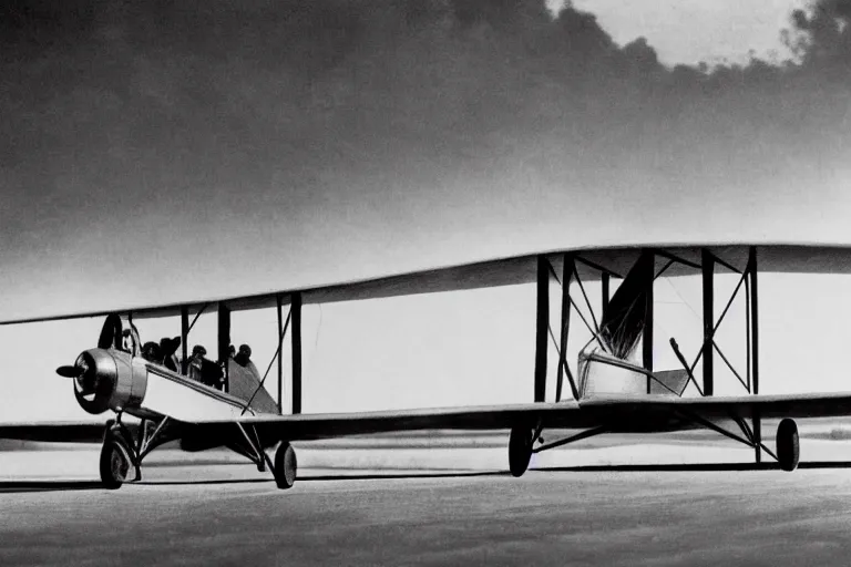 Image similar to still photo of the wright brothers taking off an airplane for the first time, black and white color photograph, highly detailed, photorealistic shot, bright studio setting, studio lighting, crisp quality and light reflections, unreal engine 5 quality render