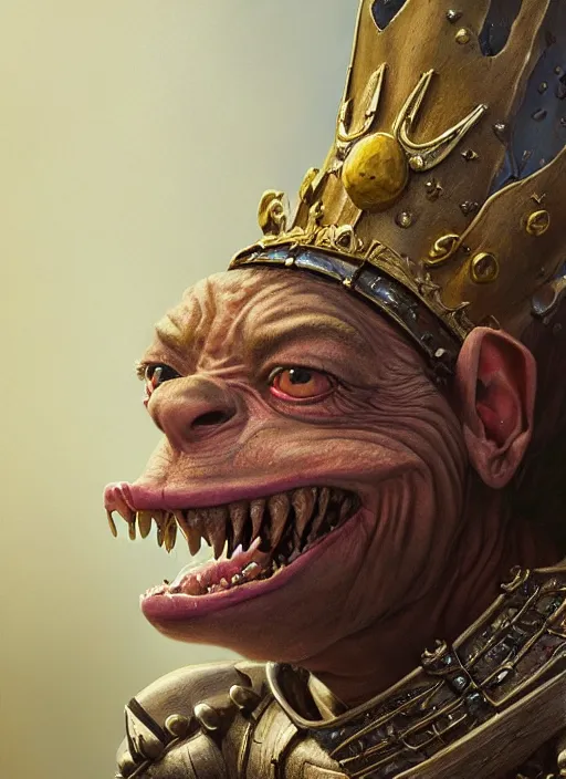 Image similar to highly detailed closeup portrait of a medieval goblin wearing a crown, stephen bliss, unreal engine, greg rutkowski, ilya kuvshinov, ross draws, hyung tae and frank frazetta, tom bagshaw, tom whalen, nicoletta ceccoli, mark ryden, earl norem, global illumination, god rays, detailed and intricate environment