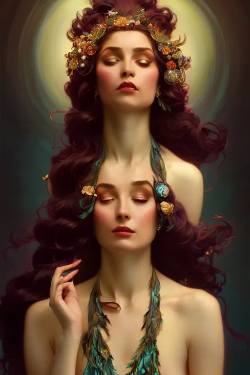 Image similar to ombre velvet gown, beautiful elegant dryad, feathers, beautiful face by leyendecker, long hair, cyan, dozens of jeweled necklaces, by greg rutkowski, brom, anato finnstark, alphonse mucha, oil painting, highly detailed, cinematic lighting, unreal,