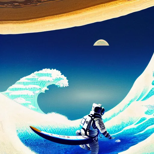 Prompt: a beautiful digital painting of an astronaut in a white and royal blue luxurious space suit surfing the great wave of Kanagawa on a chic surfboard at Pamukkale, thermal waters flowing down gold travertine terraces by greg rutkowski, antelope canyon walls protruding, award winning photo, trending on artstation, highly detailed, unreal engine, octane render