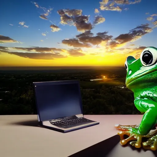 Prompt: frog on a beuatifull hill watching a sinset as he sits behind a computer, photorealistic