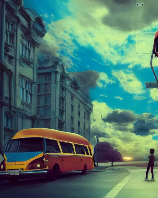 Prompt: boy in a bus looking into the sky, psychedelic trip, cinematic shot, epic composition, fine details, octane render, 8 k, depth of field, concept art, oil painting, digital art, deviantart artstation, extremely detailed, very sharp,