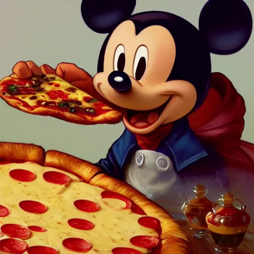 Image similar to portrait of Mickey mouse opening his mouth to eat pizza, highly detailed, digital painting, artstation, concept art, sharp focus, illustration, art by artgerm and greg rutkowski and alphonse mucha