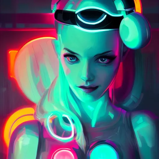 Image similar to portrait of a cute young woman with robot ears and eyes, 4k, sharp focus, neon colored fluorescent lighting, Andreas Rocha