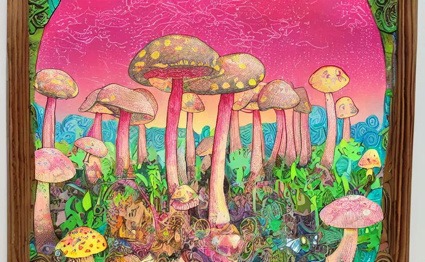 Image similar to one huge hyperdetailed elaborate mushroom, seen from the distance at night. in a wood made of paper and fabrics. 8 x 1 6 k hd mixed media 3 d collage in the style of a childrenbook illustration in pastel neon tones. shiny matte background no frame hd