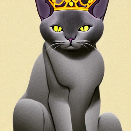 Prompt: gray burmese cat wearing royal crown and robes sitting on thrown, artstation, fantasy