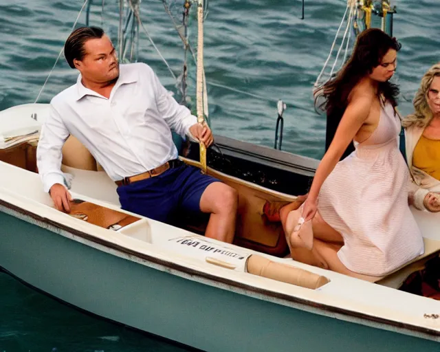 Image similar to leonardo dicaprio as the wolf of wall street next to margot robbie as naomi from the wolf of wall street sitting in a fishing boat, hyper realistic faces, beautiful eyes, cinematic, long shot, hyper detailed, 8 5 mm photograph, 8 k resolution, film still, sharp lens, wide lens