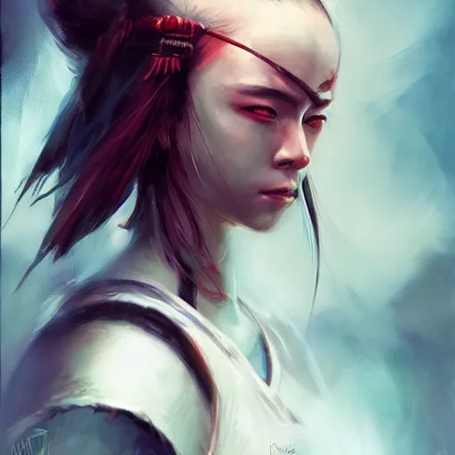 Prompt: beatiful female samurai in the style of Raymond Swanland