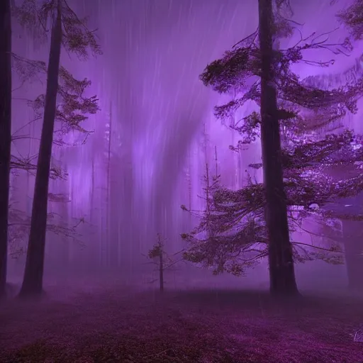 Prompt: purple lightning striking a dark forest during a full moon at night, misty, spooky, cinematic lighting, 8k render, hyperrealistic, ultra HD,