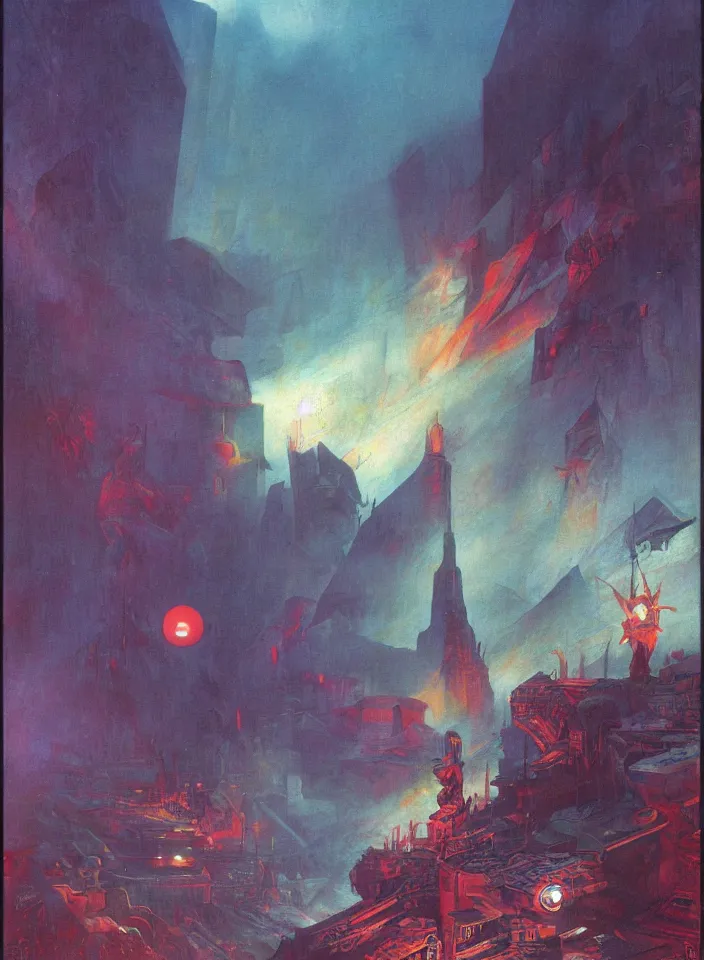 Prompt: the blind liberty of the few, red and purple palette, volume light, fog, by hiroshi yoshida by ( h. r. giger ) and paul lehr