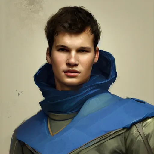 Prompt: portrait of a man by greg rutkowski, he looks like ansel elgort, he is wearing a blue and white kevlar gear with a cape, highly detailed portrait, digital painting, artstation, concept art, smooth, sharp foccus ilustration, artstation hq