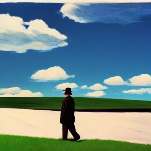 Prompt: lonely man, Blue sky, white clouds, green grass, 4k, art style of Edward Hopper and James Gilleard, new realism