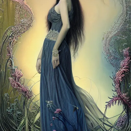 Image similar to facial portrait of a young pretty woman in flowing dress, arrogant, mysterious, long fine flowing hair, delicate, looking at camera, slightly awkward smile, realistic face, hands behind back, stylish, elegant, grimdark fantasy, flowers, extremely detailed painting inspired by Gerald Brom and Ernst Haeckel and Kaluta