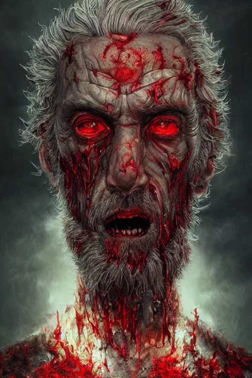 Prompt: realistic portrait of beautifully crystalized and detailed portrait of a zombie old man, matte painting of cinematic movie scene red dragon, horror, created by gustave dore and greg rutkowski, high detailed, smooth draw, synthwave neon retro, intricate, realistic proportions, dramatic lighting, trending on artstation.