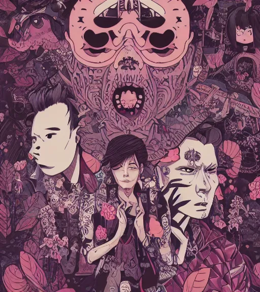 Image similar to portrait, nightmare anomalies, leaves with yakuza by miyazaki, violet and pink and white palette, illustration, kenneth blom, mental alchemy, james jean, pablo amaringo, naudline pierre, contemporary art, hyper detailed