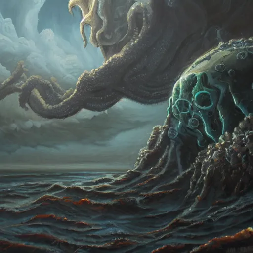 Image similar to a continent in the shape of a lovecraftian old god protruding from the earth oil painting. oil on canvas. award winning. dramatic. trending on artstation 8 k