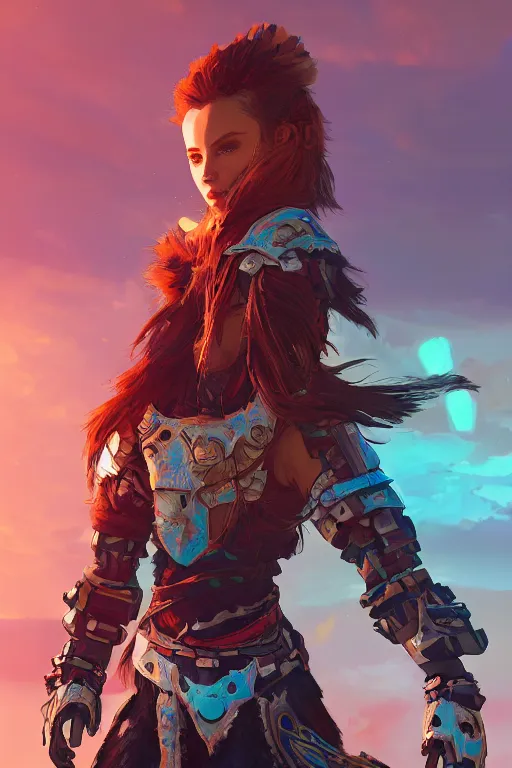 Image similar to combination suit armor aloy horizon forbidden west horizon zero dawn radiating a glowing aura global illumination ray tracing hdr fanart arstation by ian pesty and alena aenami artworks in 4 k tribal robot ninja mask helmet backpack