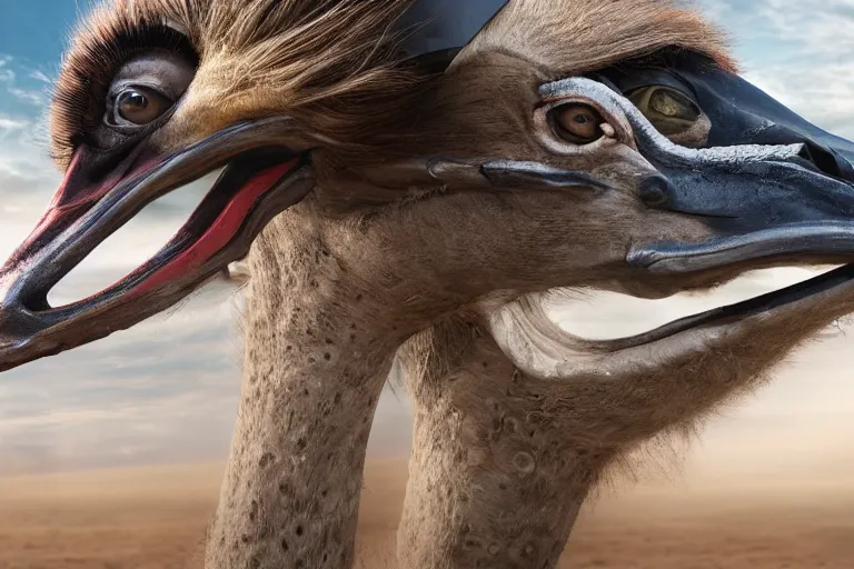 Image similar to an astronaut riding the fastest ostrich in a race, cinematic imax shot, retro, hyper detailed, windy mane, motion still