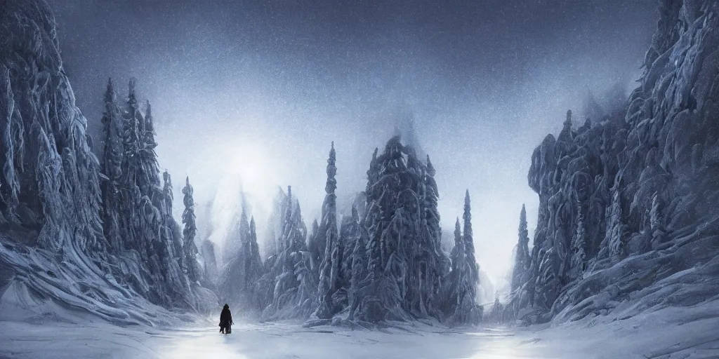 Prompt: hyperrealistic concept art of a silhouette of a hero with full body black cloak facing massive ornately carved lush golden temple door with its top in the heaven in winter taiga at night, aurora borealis in the sky, low angle, stunning 3d render inspired art by Renato muccillo and Andreas Rocha and Johanna Rupprecht + symmetry + natural volumetric lighting, 8k octane beautifully detailed render, post-processing, highly detailed, intricate complexity, epic composition, magical atmosphere, cinematic lighting + masterpiece, trending on artstation