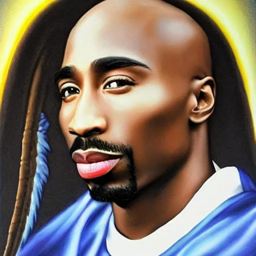 Prompt: Tupac as an airbrush painting with angel wings and a halo