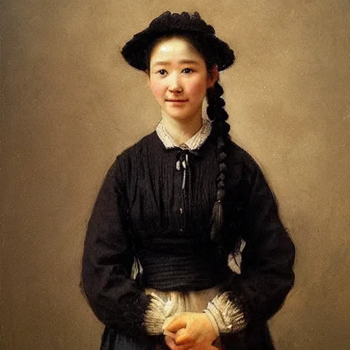 Prompt: a ((sadly)) (((smiling)))) black haired, young hungarian village maid from the 19th century who looks very similar to (((Lee Young Ae))) with a two french braids, detailed, soft focus, realistic oil painting by Rembrandt