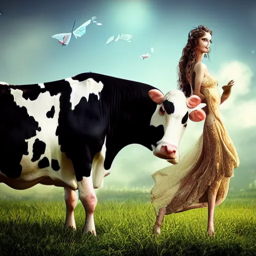 Prompt: Cow with fairy!!!!! wings, full-body portrait, trending on arstation, photorealistic resolution, 4k, 8k