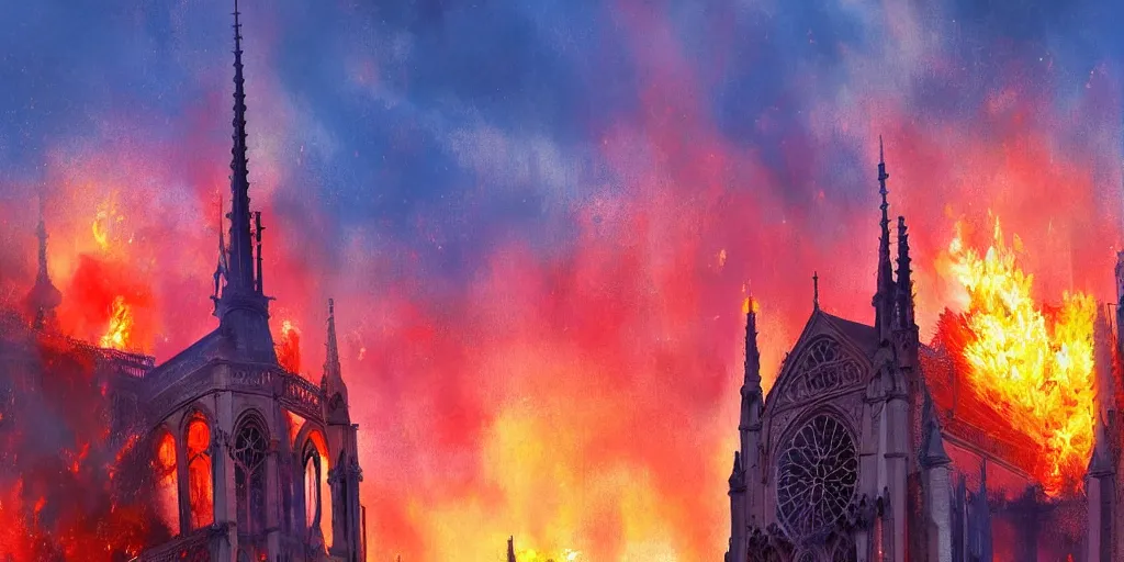 Image similar to fire engulphs the Notre Dame de Paris, abstract art by Makoto Shinkai