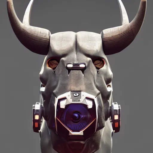 Image similar to a cyborg ( bull ) modeled after a bull looking into the camera, android, cyborg, full body shot, intricate, 3 d, hyper realism, fantasy, depth of field, octane render, symmetrical, highly detailed, digital art, artstation, concept art, cinematic lighting, trending