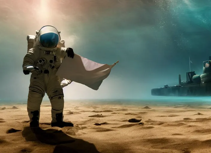 Image similar to astronaut underwater putting a flag in the sand of the bottom of the ocean. there is a submarine in the distance. dark, concept art, cinematic, dramatic, atmospheric, 8 k, trending on artstation, low visibility, fog, zack snyder