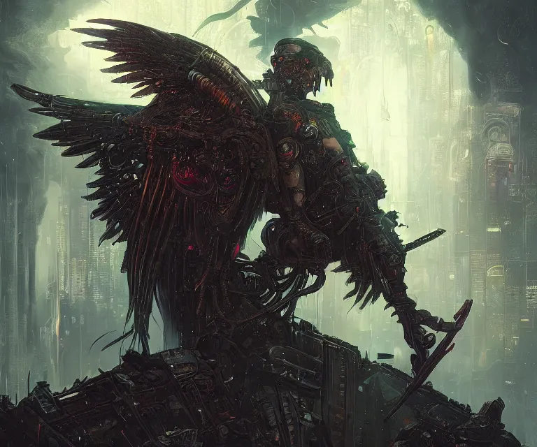 Prompt: a beautiful tarot card artwork of a cyberpunk fallen dark seraphim, horror, backlit, gloomy sky, highly detailed, digital painting, scales, by eddie mendoza and greg rutkowski and dan mumford and artgerm, vivid colors, masterpiece, detailed shading, 8 k resolution, intricate, smooth