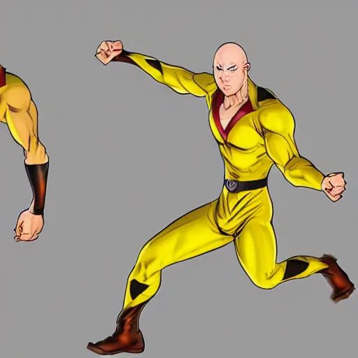 Prompt: character design of a bald japanese man wearing a yellow jumpsuit and a white cape, Marvel, concept art, full-body, super hero design