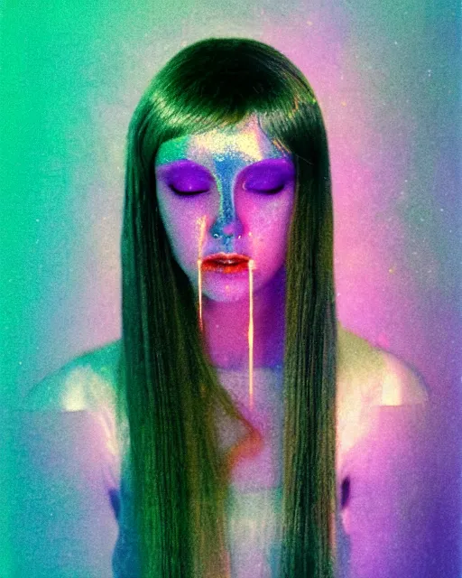 Prompt: cut and paste collage, featureless serene robotic woman's face, long metallic hair, dark makeup, violet and yellow and green and blue lighting, polaroid photo, 1 9 8 0 s cgi, atmospheric, whimsical and psychedelic, grainy, expired film, super glitched, corrupted file, ghostly, bioluminescent glow, sci - fi
