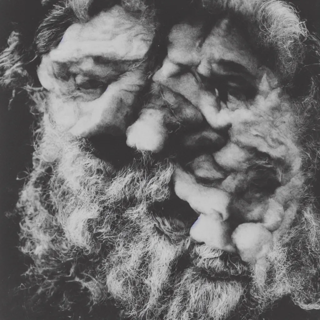 Prompt: An Alec Soth portrait photo of the moon with Orson Welles as Falstaff's face on it, the moon is wearing several horse-hair wigs, his face is on the moon