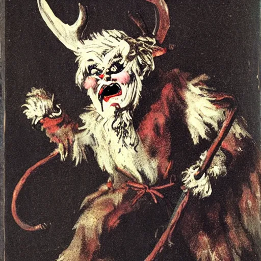 Prompt: krampus in the dolomites in the style of francisco de goya