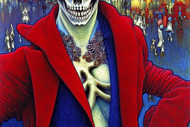 Image similar to realistic detailed closeup portrait painting of a single skeleton wearing red velvet blazer in a crowded futuristic moscow street by Jean Delville, Amano, Yves Tanguy, Alphonse Mucha, Ernst Haeckel, Edward Robert Hughes, Roger Dean, rich moody colours, blue eyes