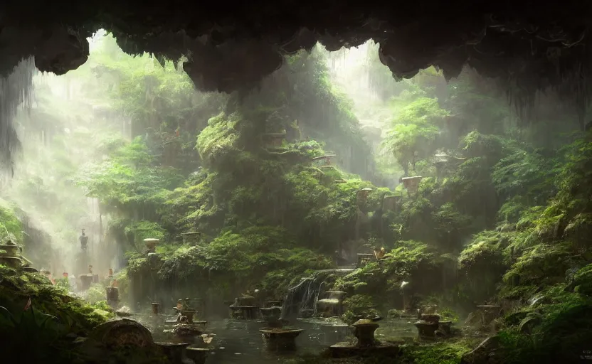 Prompt: painting of an interior of a hidden japanese hotspring in a small cave, fantasy, lush plants and flowers, natural light, concept art, by greg rutkowski, cozy atmospheric and cinematic lighting, trending on artstation