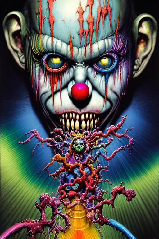 Prompt: realistic detailed image of wrathful rainbow nightmare scientist clown god fun house action horror by lisa frank, john martin, ayami kojima, amano, karol bak, greg hildebrandt, and mark brooks, neo - gothic, gothic, rich deep colors. beksinski painting, part by adrian ghenie and gerhard richter. art by takato yamamoto. masterpiece