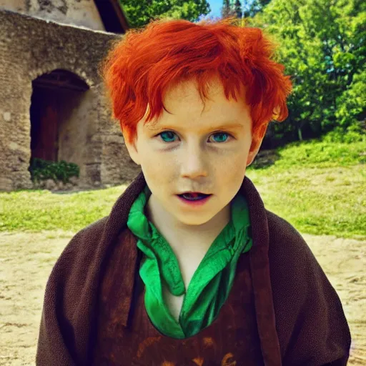 Prompt: handsome man with red hair, mischievous expression, bright green eyes, green cloak, playing a lute, small medieval village in the background, hyperrealism, annie liebovitz photography, nikon 5 0 mm, 8 k