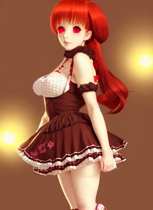 Prompt: redhead bombshell anime girl wearing brown lolita dress, barett, red shoes, fishnet stockings au naturel, hyper detailed, digital art, trending in artstation, cinematic lighting, studio quality, smooth render, unreal engine 5 rendered, octane rendered, art style by klimt and nixeu and ian sprigger and wlop and krenz cushart